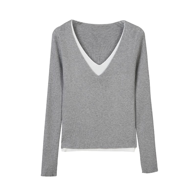 PPHOME Miss Nuofu~V-neck long-sleeved sweater women's niche autumn double-layer collar design bottoming shirt top