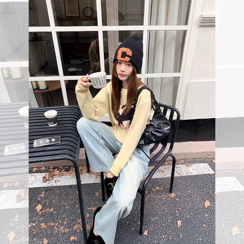 Zeng Xiaoxian Round Neck Cat Yellow Sweater Women's  Autumn and Winter New Korean Style Arctic Velvet Long Sleeve Tops