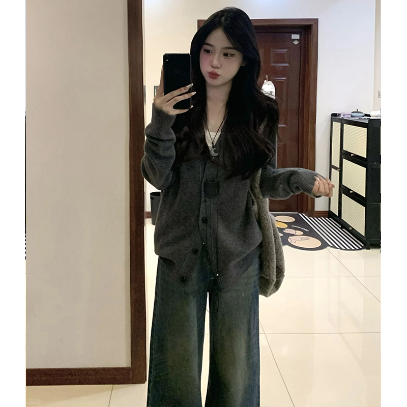 ALLYN dark gray Korean style V-neck knitted cardigan for women spring and autumn new loose outer thin sweater jacket