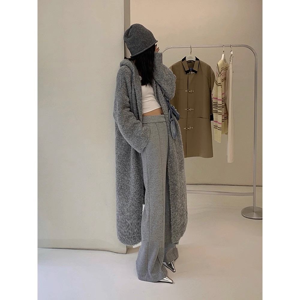 Gray hooded sweater coat for women, loose, lazy style, long knitted cardigan, outer wear for women, thickened autumn and winter coat