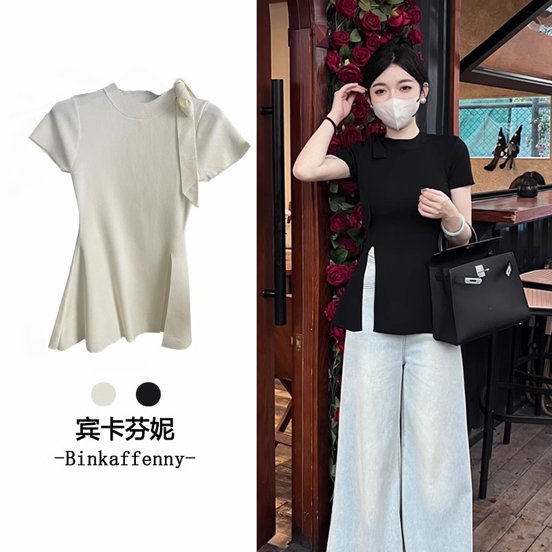 Black bow tie slit sweater for women summer 2024 new style thin top with waist design and temperament