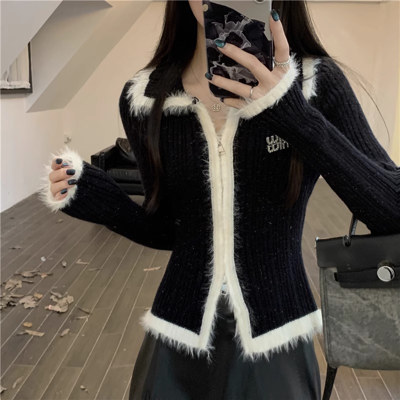 Red Christmas Plush Spliced ​​Lapel Knitted Cardigan Women's Autumn and Winter Slim Fit Chic Double Zipper Bottoming Sweater