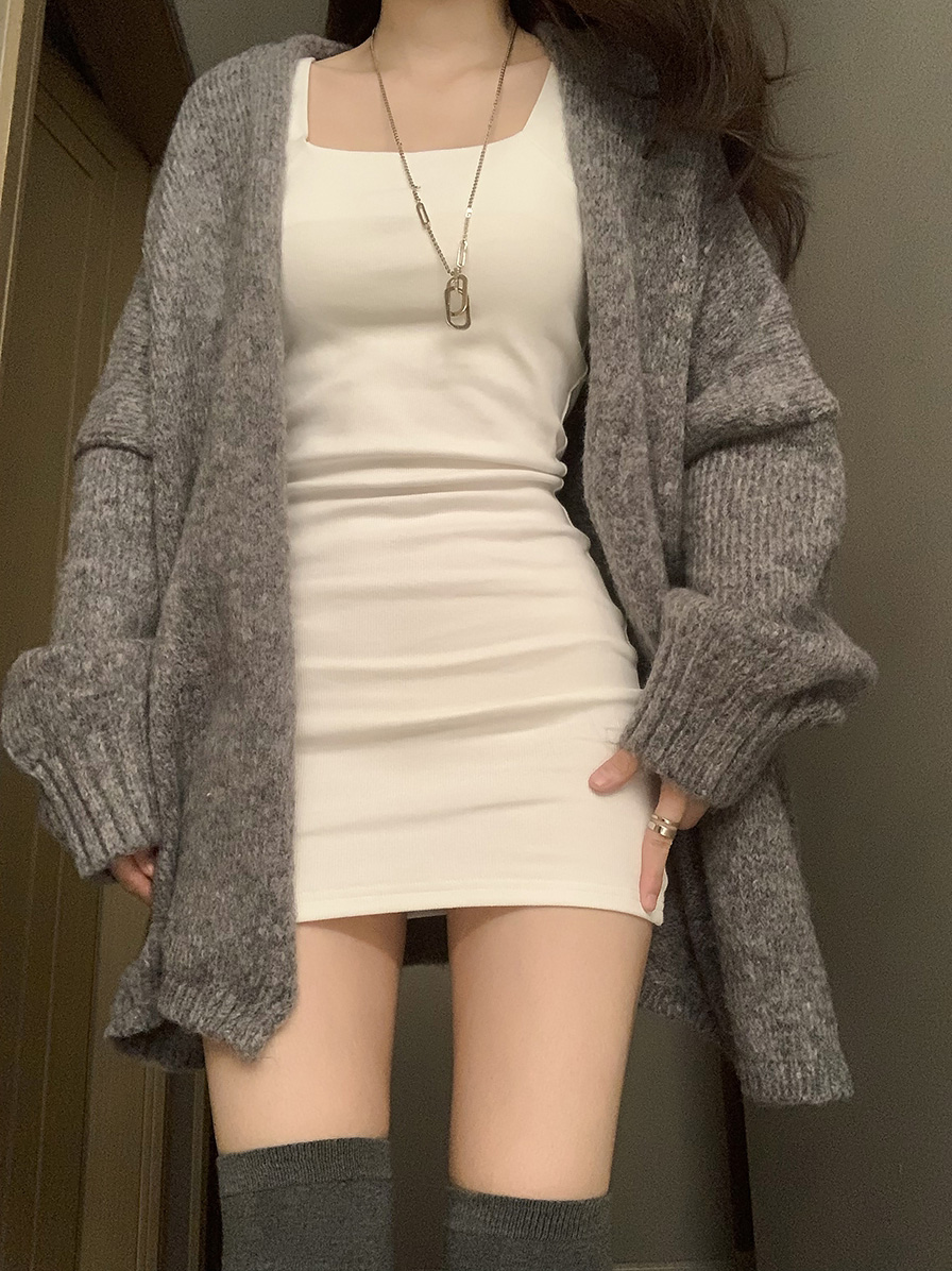 Lazy style sweater jacket for women in autumn and winter retro over-the-knee mid-length loose knitted cardigan with coat