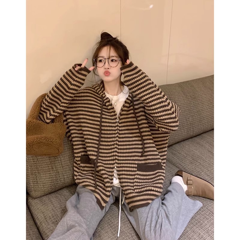 Autumn and winter Korean version  new fashion casual loose versatile hooded zipper contrast striped long-sleeved sweater for women