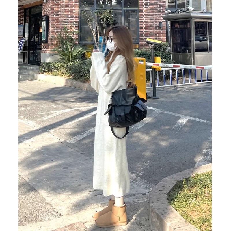 Sweater knitted dress long slimming  early autumn women's loose high-end French long skirt white