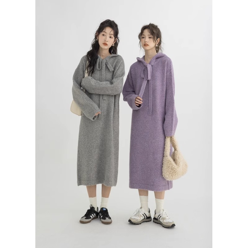 CHACHASTU retro long-sleeved knitted dress for women autumn and winter purple gray lazy style hooded sweater skirt