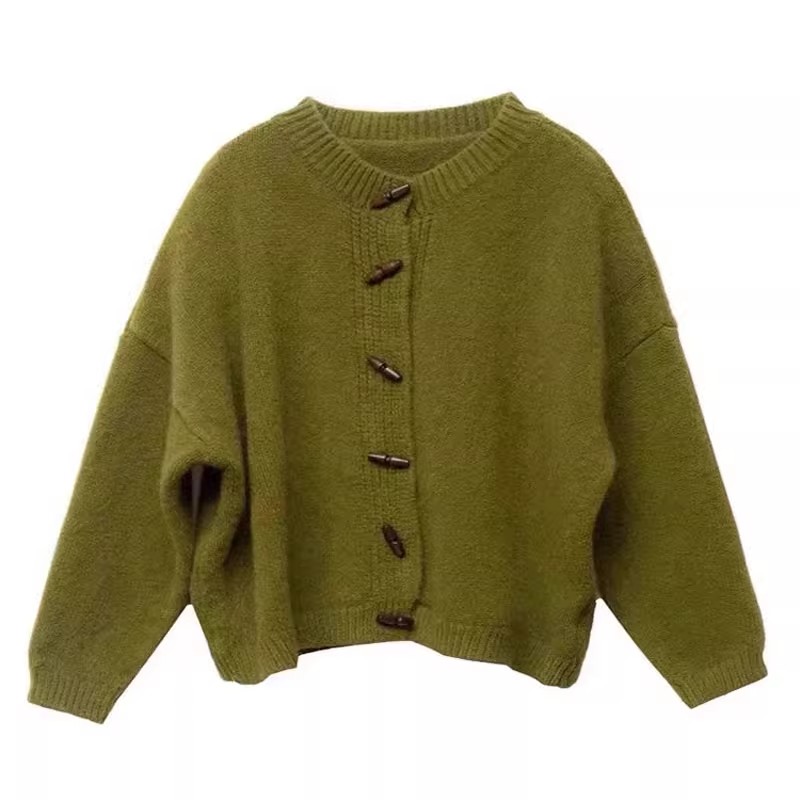 Retro petite moss green retro horn button sweater cardigan coat loose lazy style versatile top for women