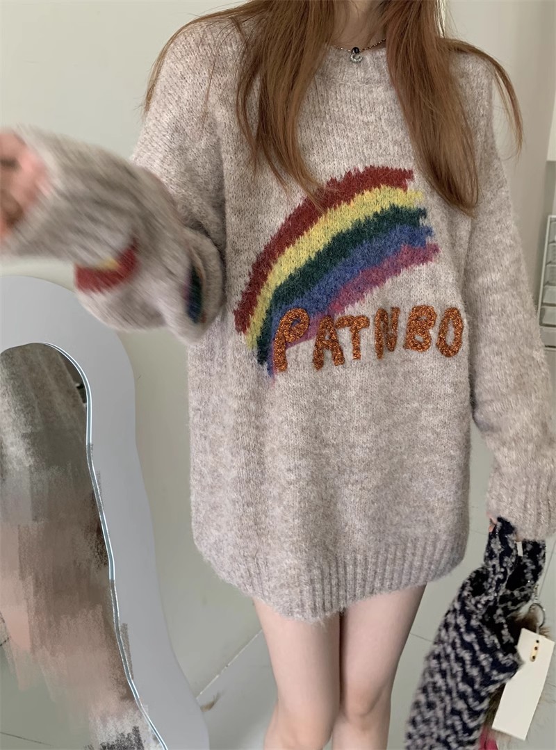 Three-dimensional rainbow letters loose soft waxy sweater for women winter new versatile slim long-sleeved sweater top