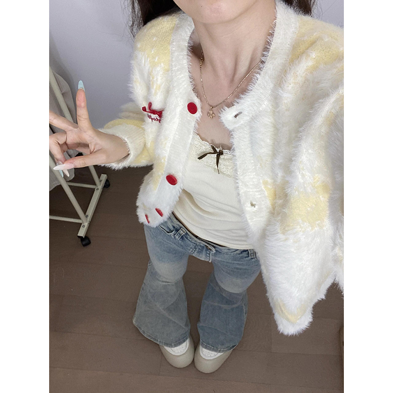 Designed bow gradient striped soft waxy sweater for women 2024 autumn and winter new loose imitation mink velvet sweater trend