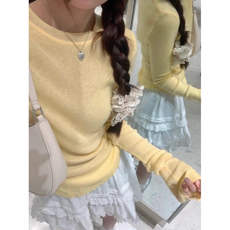 Creamy yellow knitted sweater for women spring new slim fit bottoming sweater thin round neck long sleeve spring and autumn top