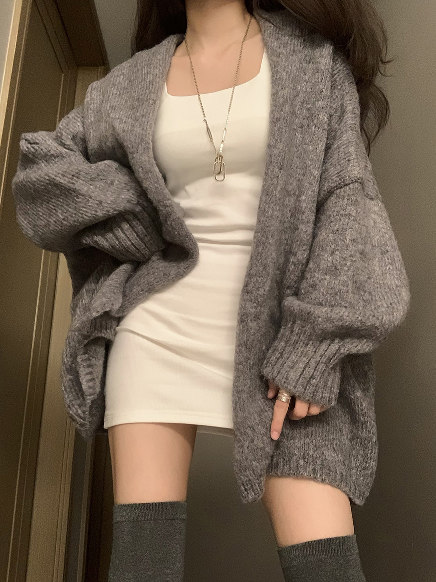 Lazy style sweater jacket for women in autumn and winter retro over-the-knee mid-length loose knitted cardigan with coat