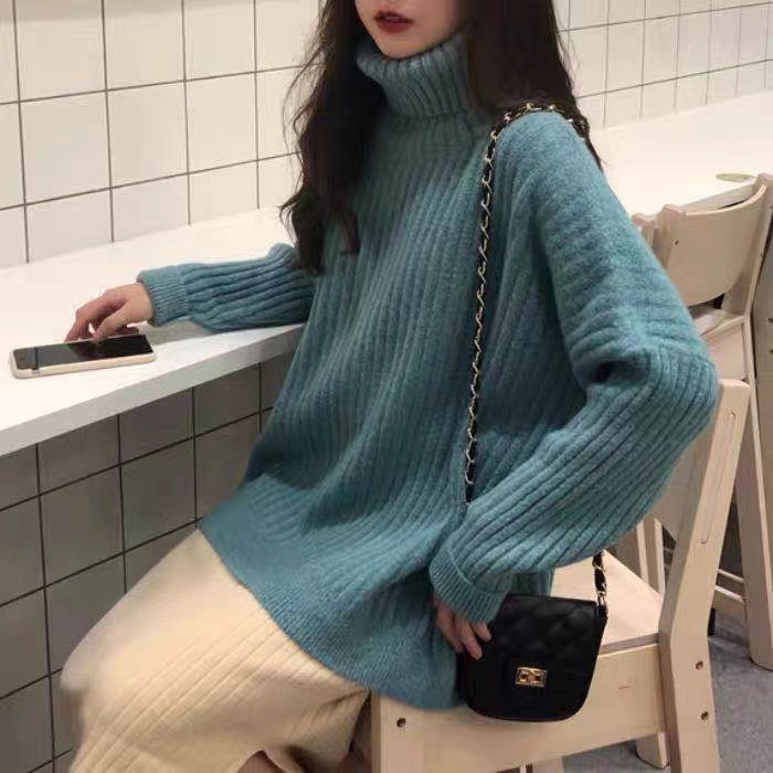 Loose and lazy style Internet celebrity fashionable turtleneck pullover sweater for women in autumn and winter, versatile slimming casual long-sleeved knitted top