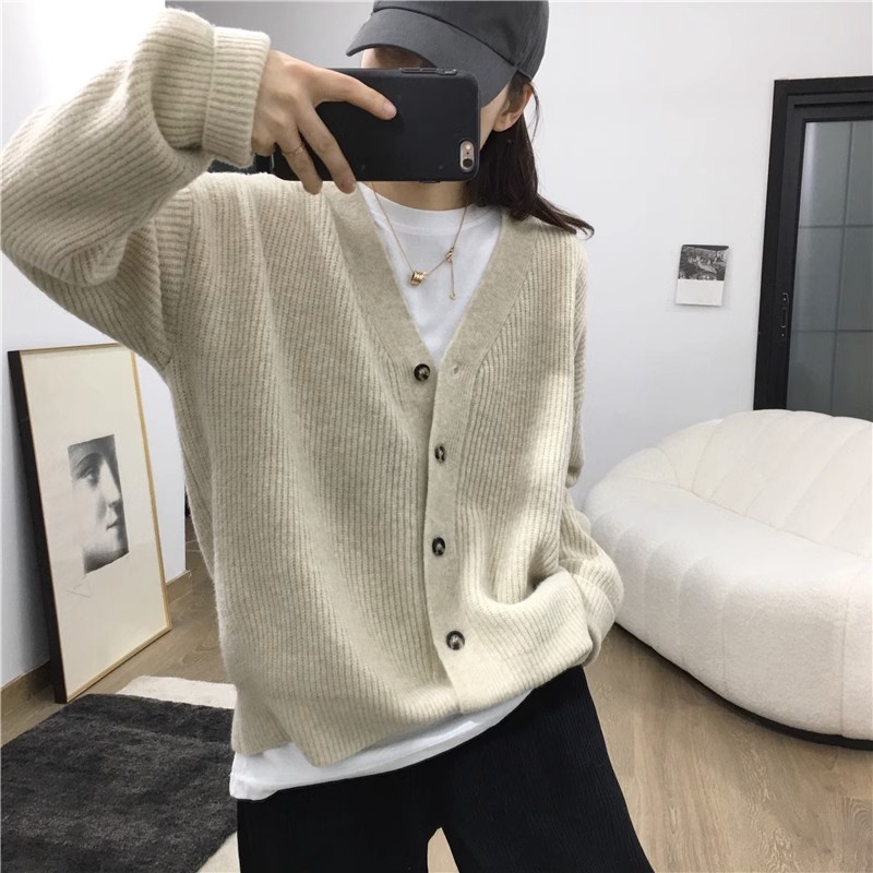 High quality autumn and winter new BI Korean style V-neck textured single-breasted sweater cardigan coat knitted sweater tops for women