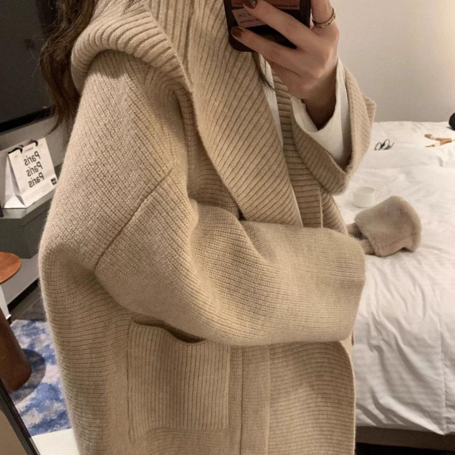 Silhouette hooded thickened pockets large size knitted cardigan for women autumn and winter new Korean design niche sweater jacket