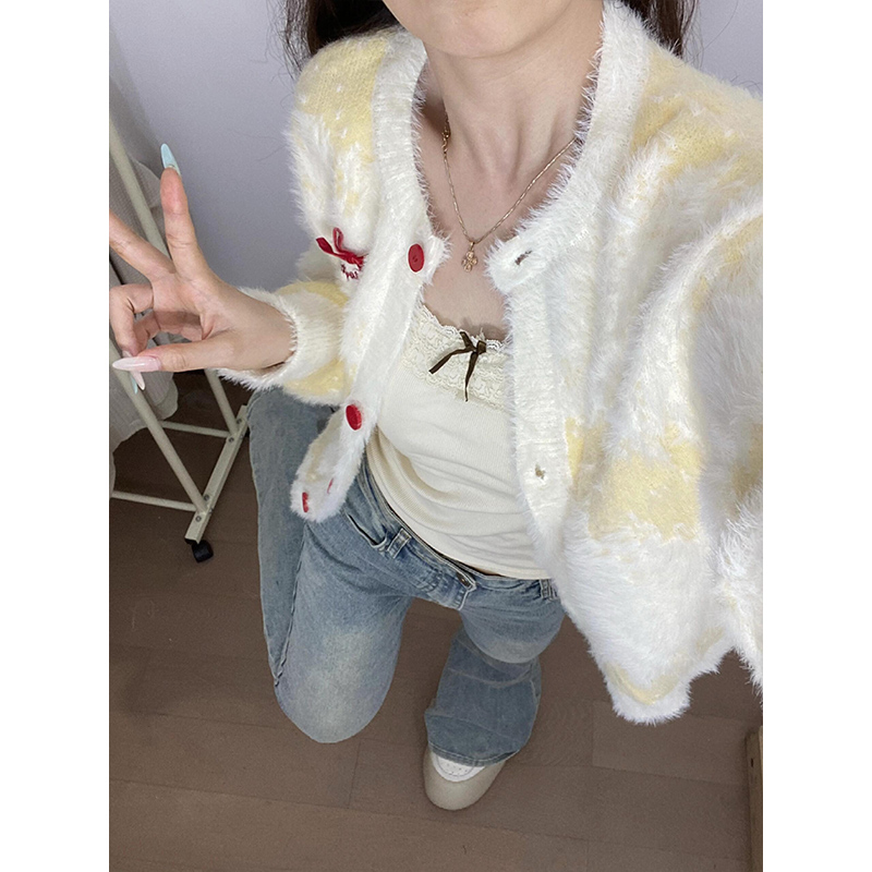 Designed bow gradient striped soft waxy sweater for women 2024 autumn and winter new loose imitation mink velvet sweater trend