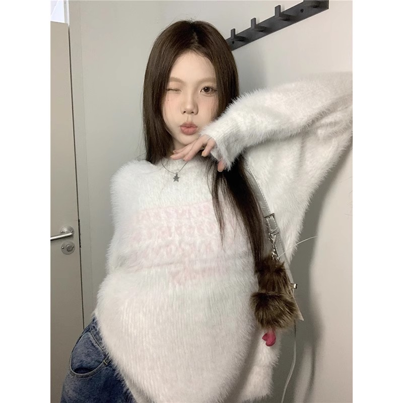 Soft and glutinous milk sweater for women autumn and winter  new imitation mink velvet thickened loose letter long-sleeved knitted top