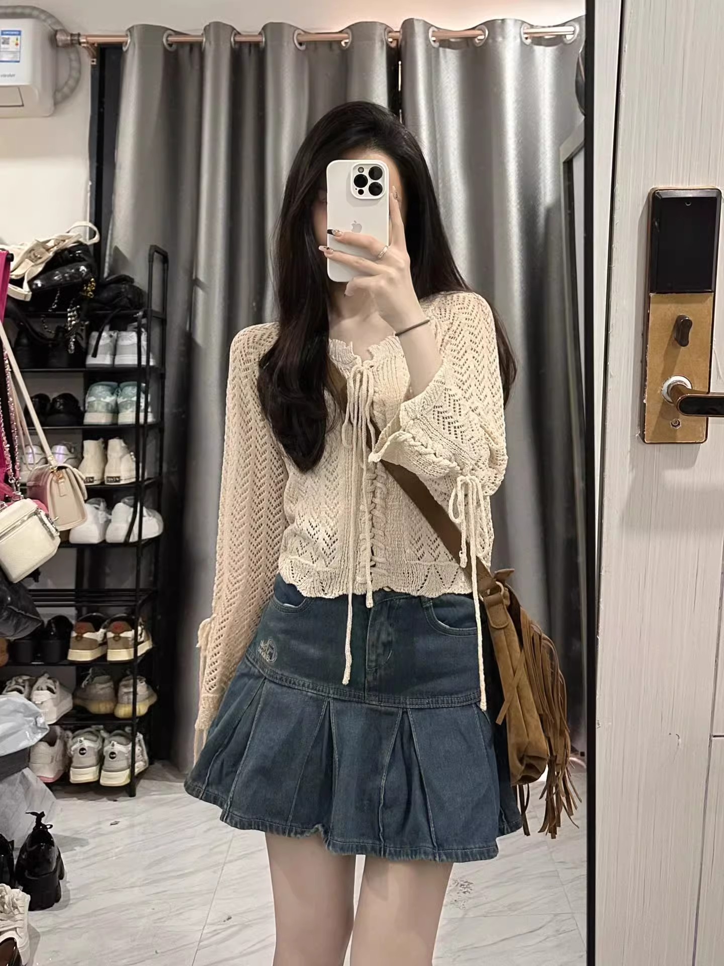 Hollow knitted sweater cardigan thin v-neck jacket women's summer new style lazy and sweet outer blouse long-sleeved top