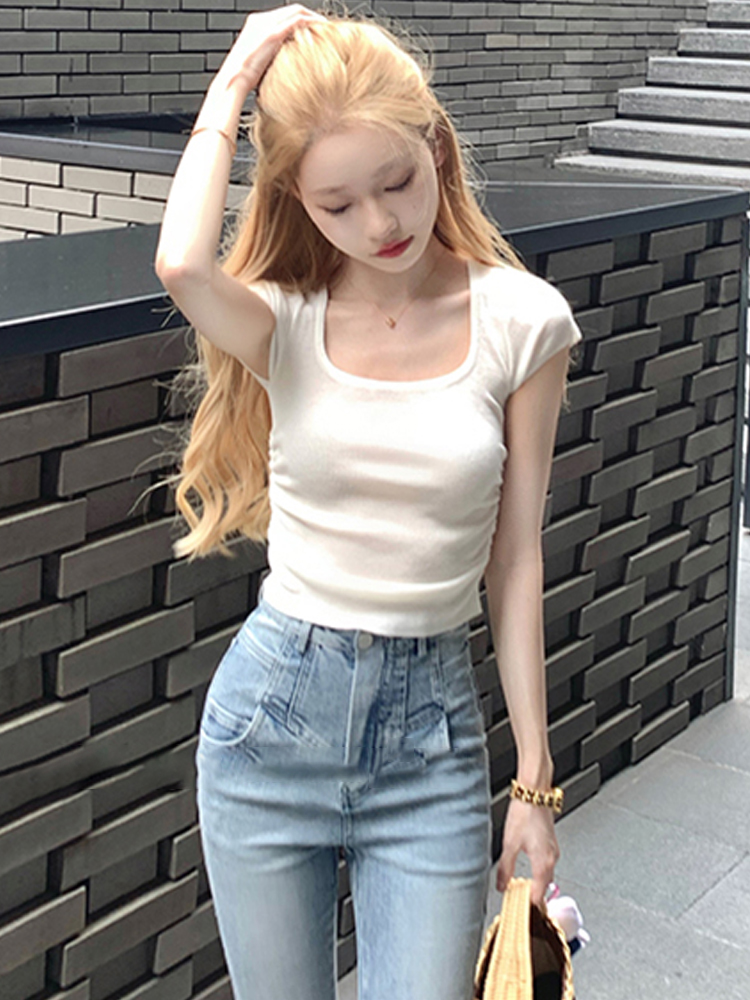 Pink short-sleeved t-shirt for women summer 2024 new slim fit fashionable u-neck waist short top