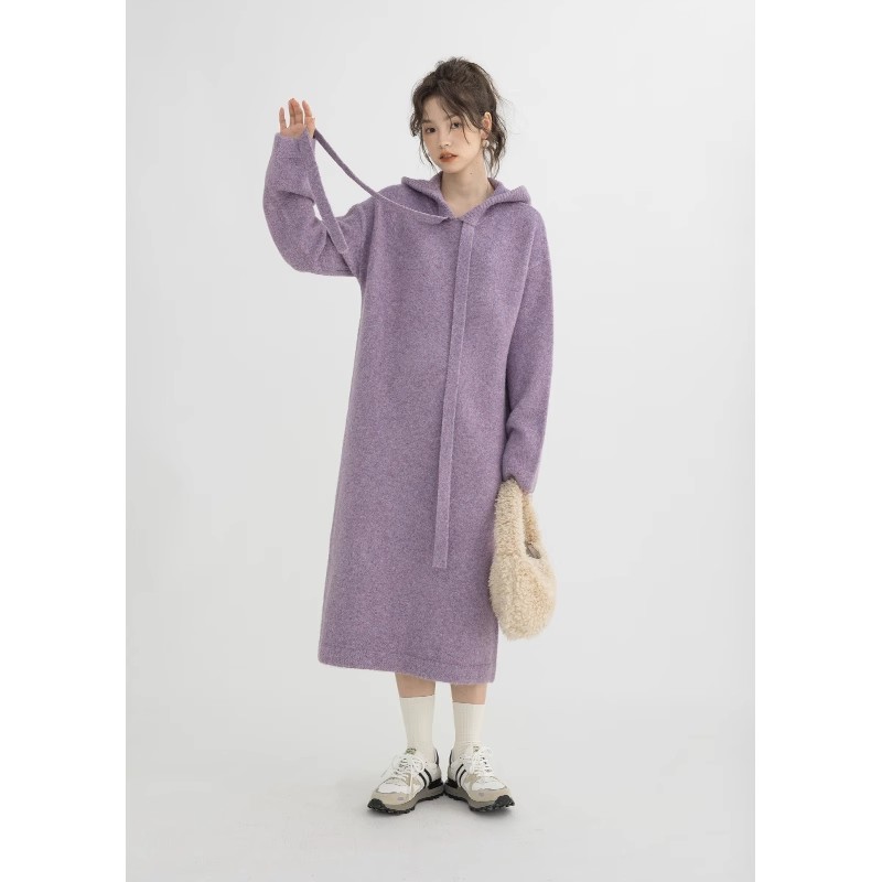 CHACHASTU retro long-sleeved knitted dress for women autumn and winter purple gray lazy style hooded sweater skirt