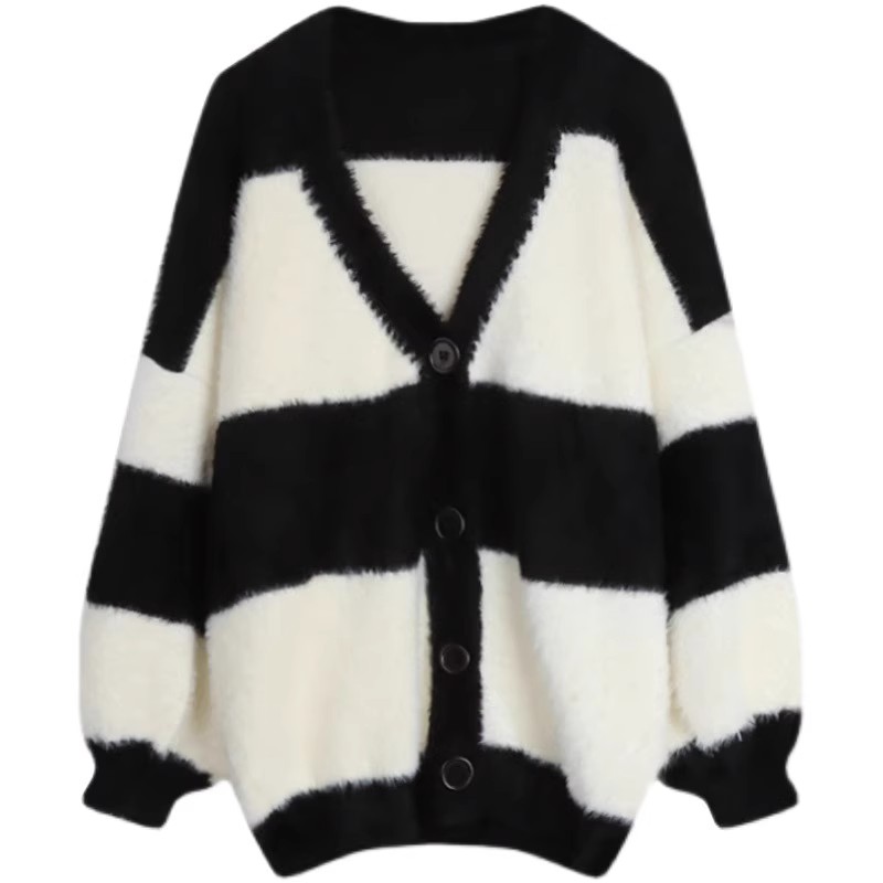 Mink velvet striped sweater jacket for women in autumn and winter, Korean style, warm, soft and waxy, loose, lazy style, soft and waxy V-neck cardigan, trendy