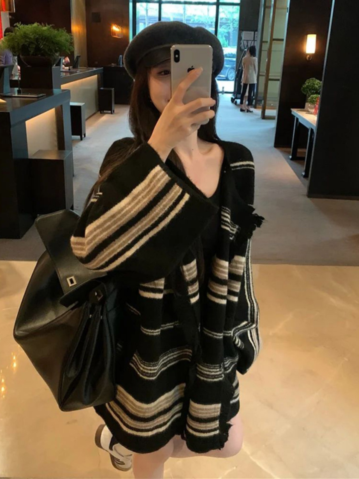 Xiaoxiangfeng contrast striped sweater cardigan for women in autumn and winter lazy style loose mid-length sweater top jacket