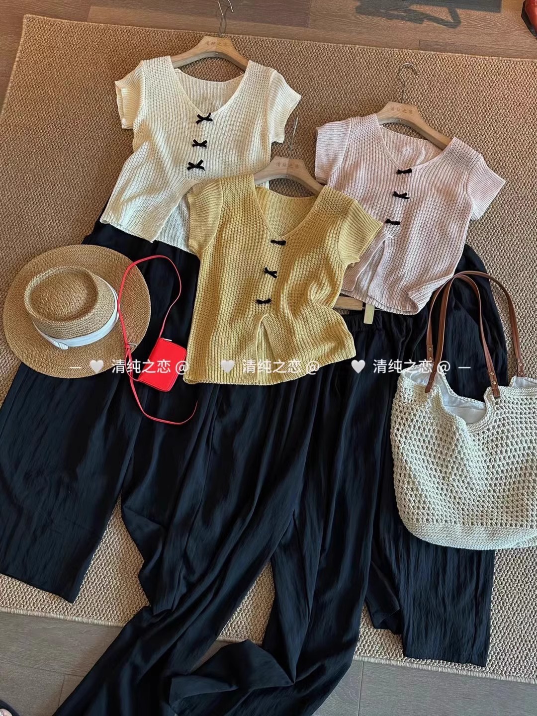 2024 Summer Korean Style Versatile Bow Ice Silk Knitted Top Casual Loose Temperament Slit Short Sleeve Women