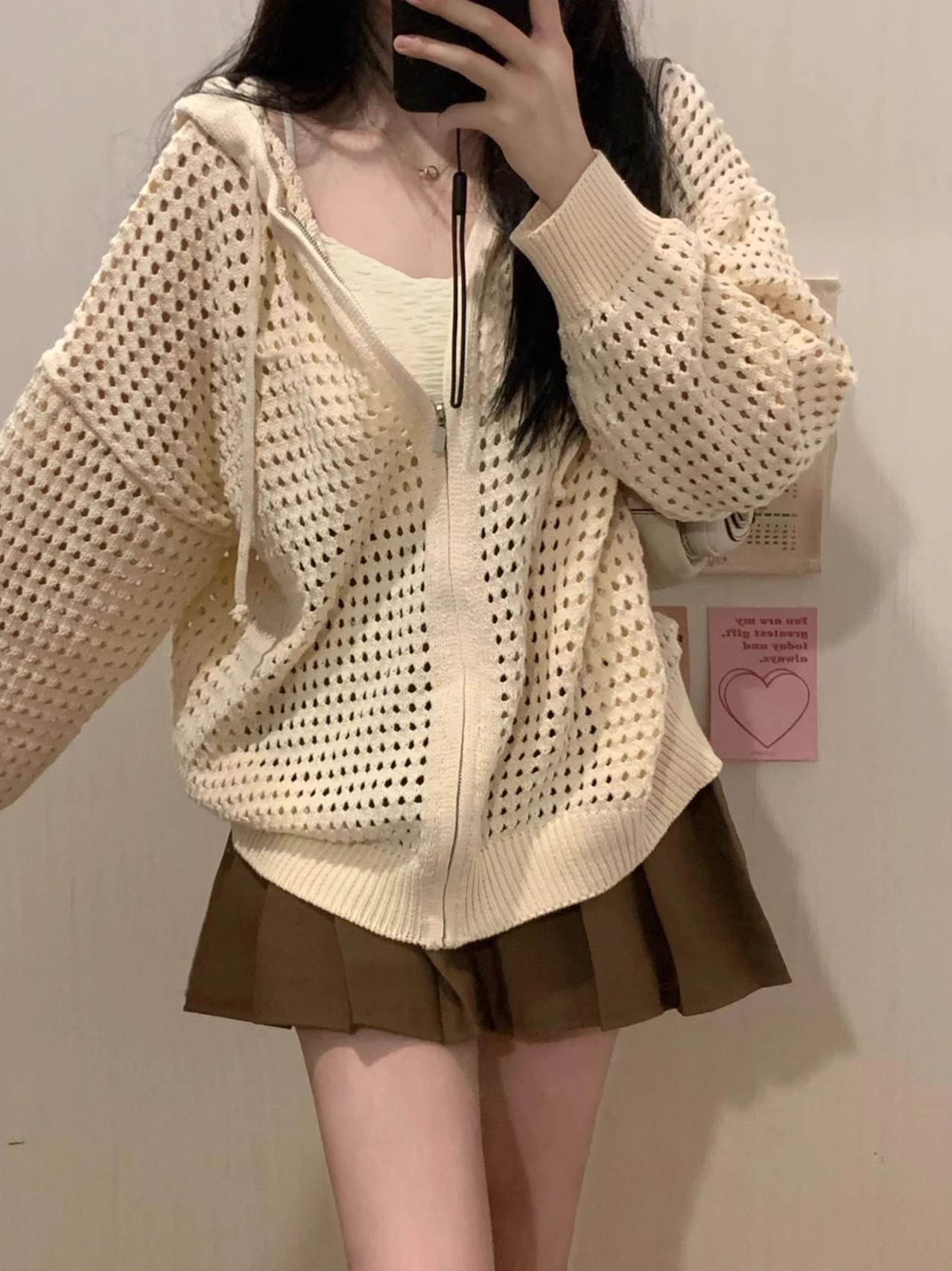 Hollow design hooded outer thin coat Korean style spring and summer lazy sweatshirt zipper knitted cardigan top for women