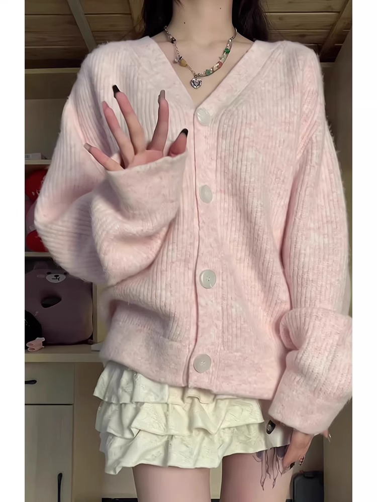 Pink V-neck Soft Waxy Cardigan Spring and Autumn Sweater Women's New Loose Lazy Gentle Wind Jacket Knitted Outer Top