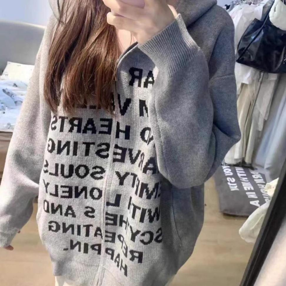 National trend American letter print knitted cardigan women's autumn and winter street oversize lazy style slogan hooded jacket