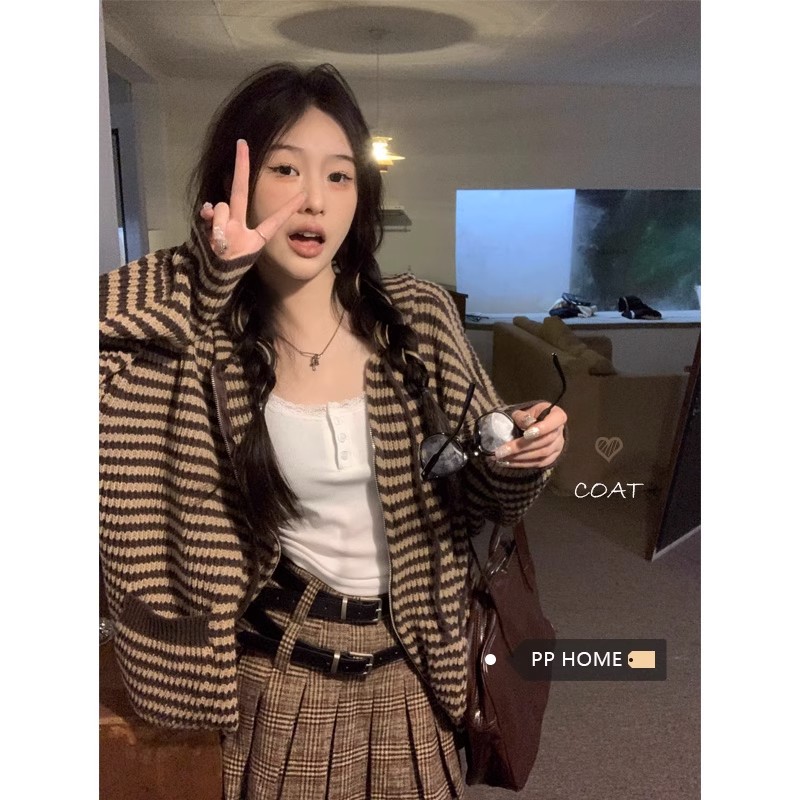 PPHOME~Maillard wears casual brown striped knitted cardigan women's hooded sweater jacket