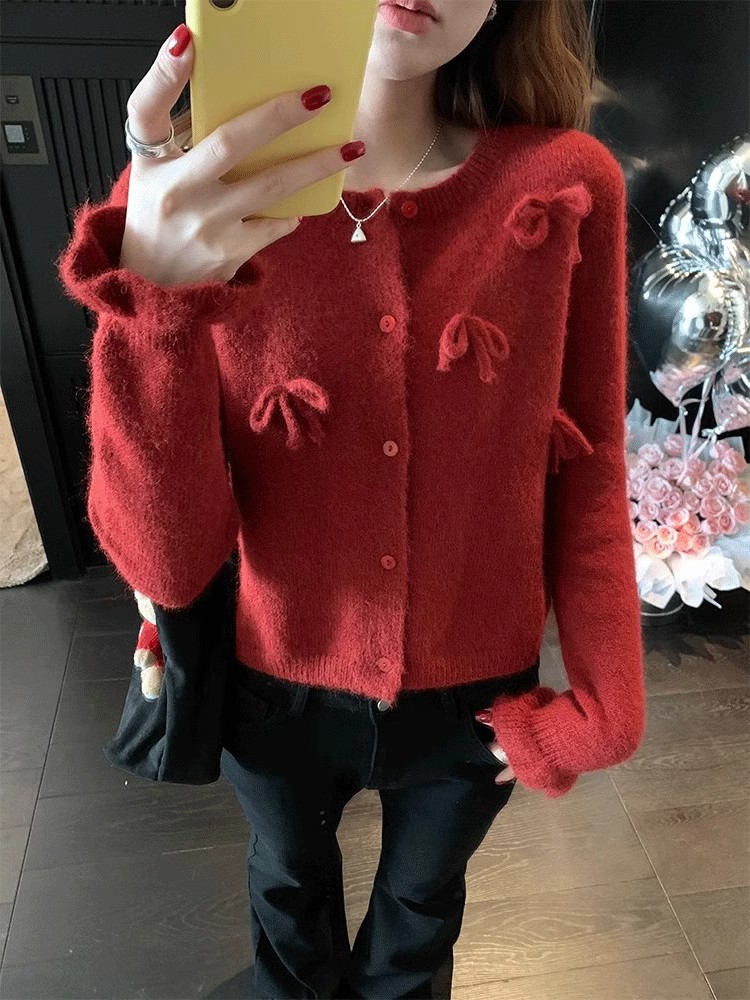 A limited romance!  Fluffy three-dimensional bow sweater jacket for women winter round neck knitted cardigan top