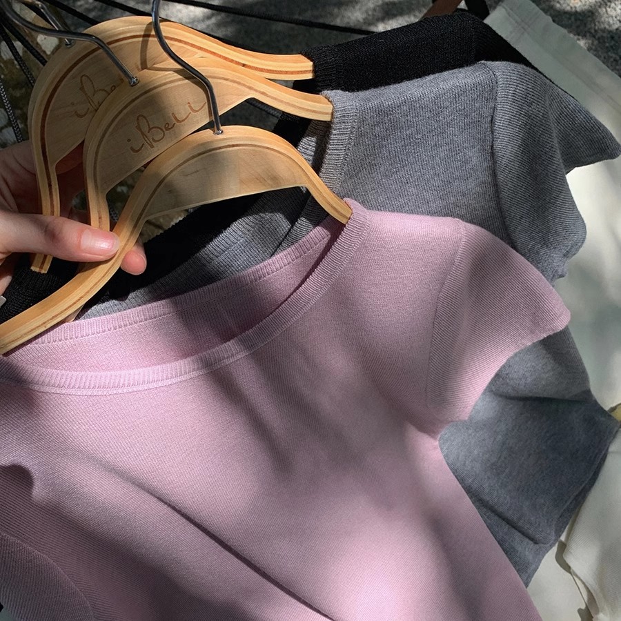 2024 spring Korean version multi-color ice-like soft and waxy slim round neck super elastic and super soft basic knitted T-shirt for women