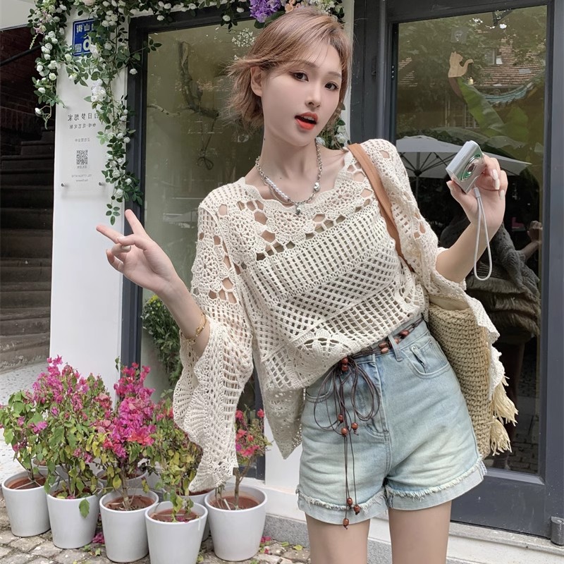 Spring Clothing 2024 New Korean Style Loose Korean Style Versatile Hollow Crochet Long Sleeve Knitted Blouse Tops Knitwear