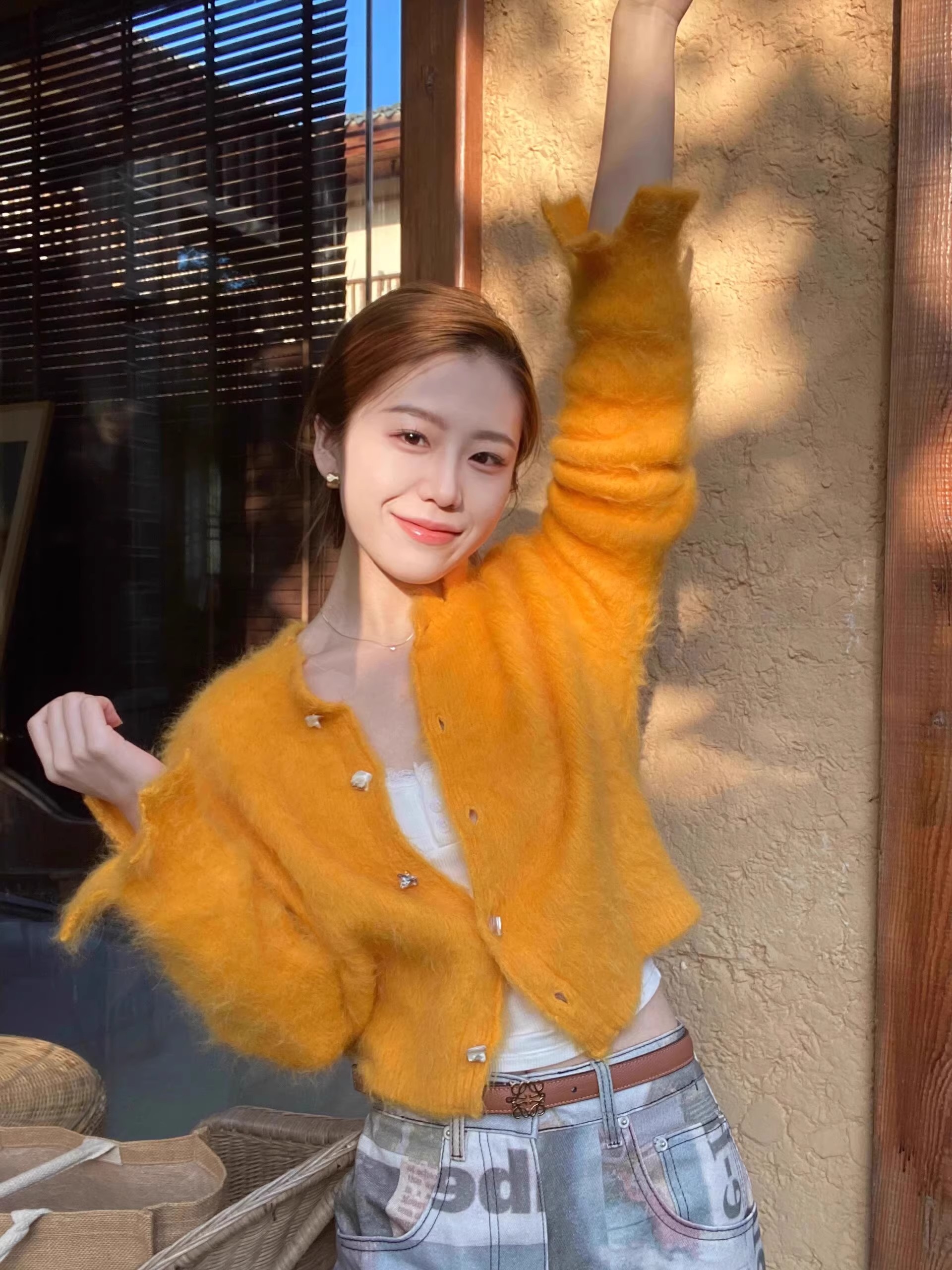 2024 early spring new orange mohair sweater women's winter knitted cardigan coat chic high-end top