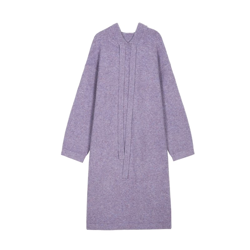 CHACHASTU retro long-sleeved knitted dress for women autumn and winter purple gray lazy style hooded sweater skirt