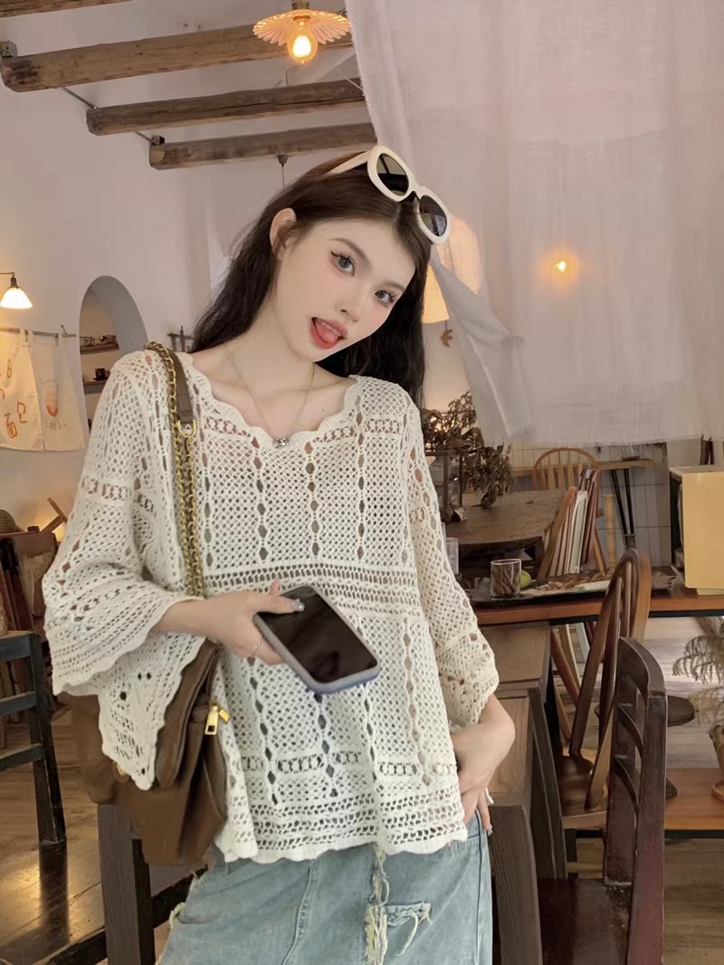 Ice silk knitted sweater for women in summer, bell sleeves, off-shoulder, hollow, loose, long-sleeved top, lazy style, thin sun protection blouse