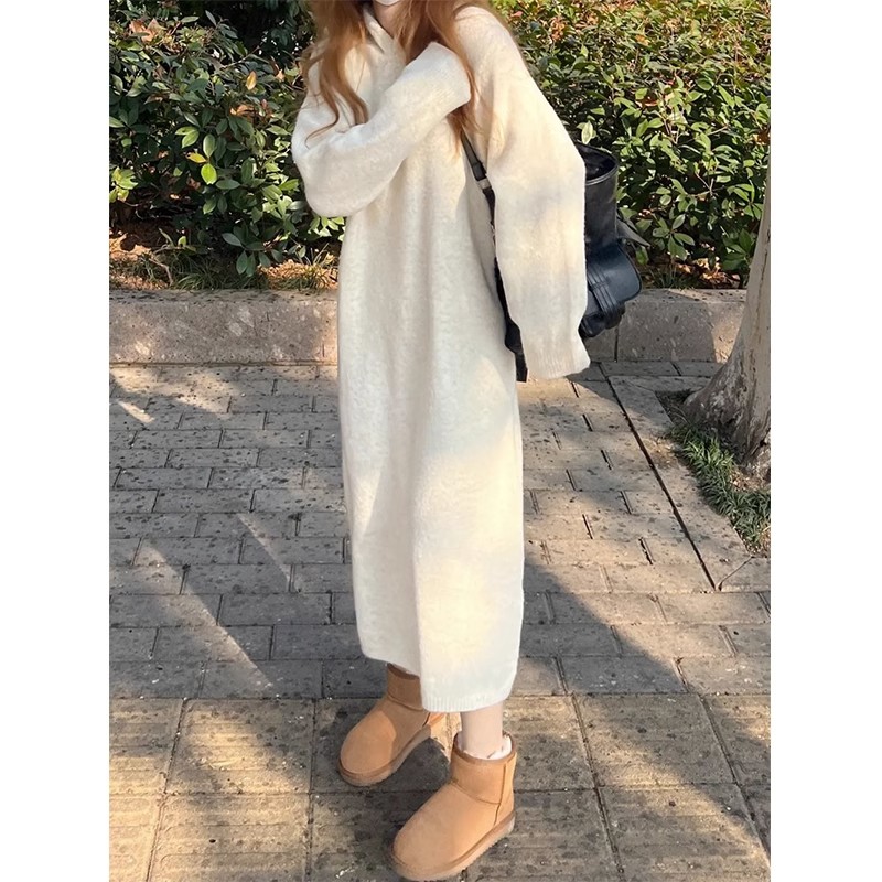 Sweater knitted dress long slimming  early autumn women's loose high-end French long skirt white