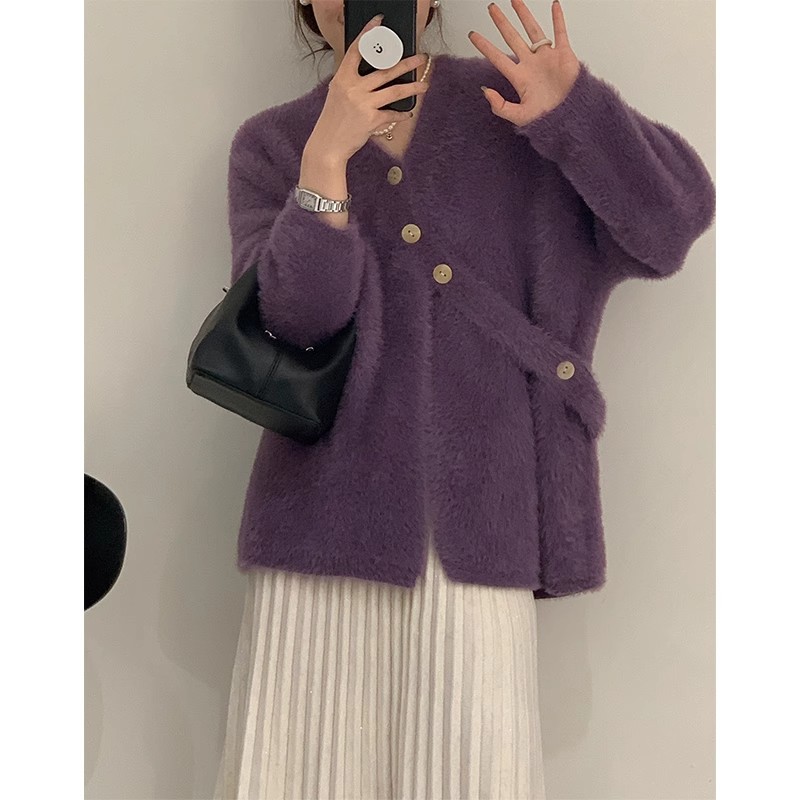 Mmao imitation mink velvet oblique button sweater cardigan women's mid-length autumn new V-neck irregular sweater loose