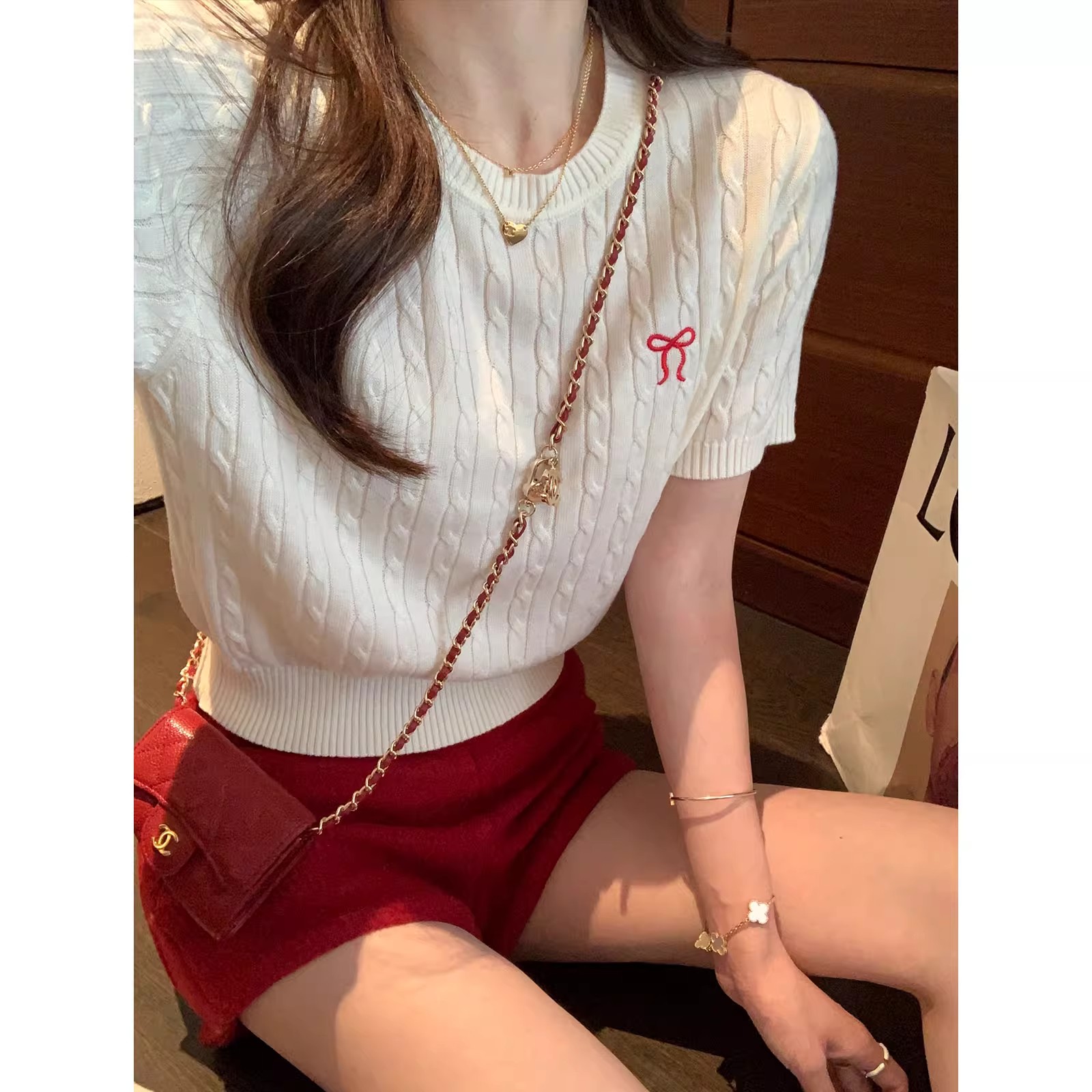 GIOIO Peninsula Love Letter ~ Twist pattern wool thin solid color crop top short-sleeved sweater