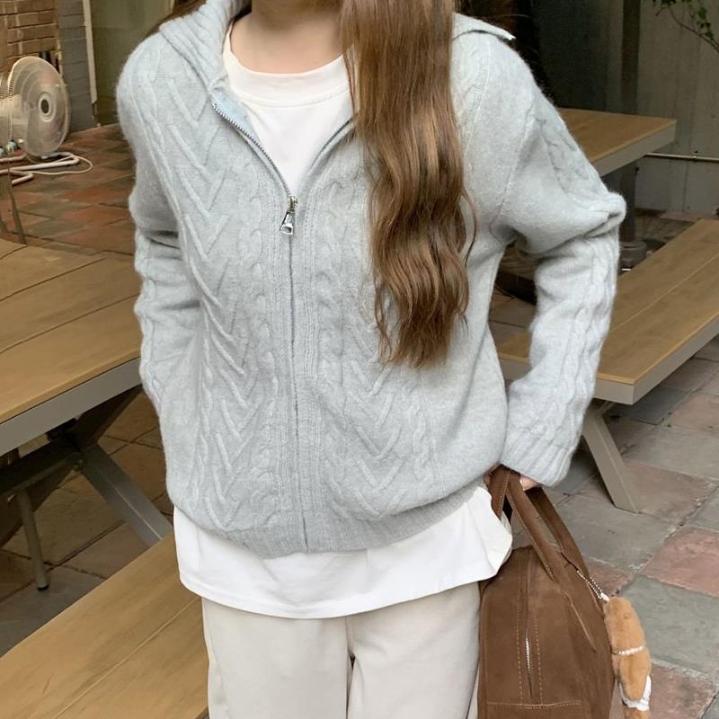 Korean style chic autumn and winter design niche zipper twist lapel sweater jacket women's gray sweater top