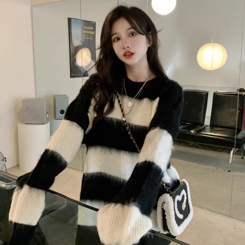 Striped color block sweater women's autumn and winter  new Korean style loose lazy style long-sleeved outer sweater top