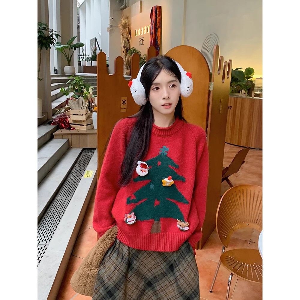 New Year and Christmas knitted sweater for women autumn and winter  new design soft and waxy loose pullover long-sleeved top