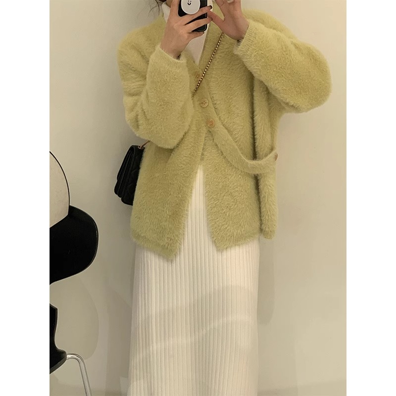 Mmao imitation mink velvet oblique button sweater cardigan women's mid-length autumn new V-neck irregular sweater loose