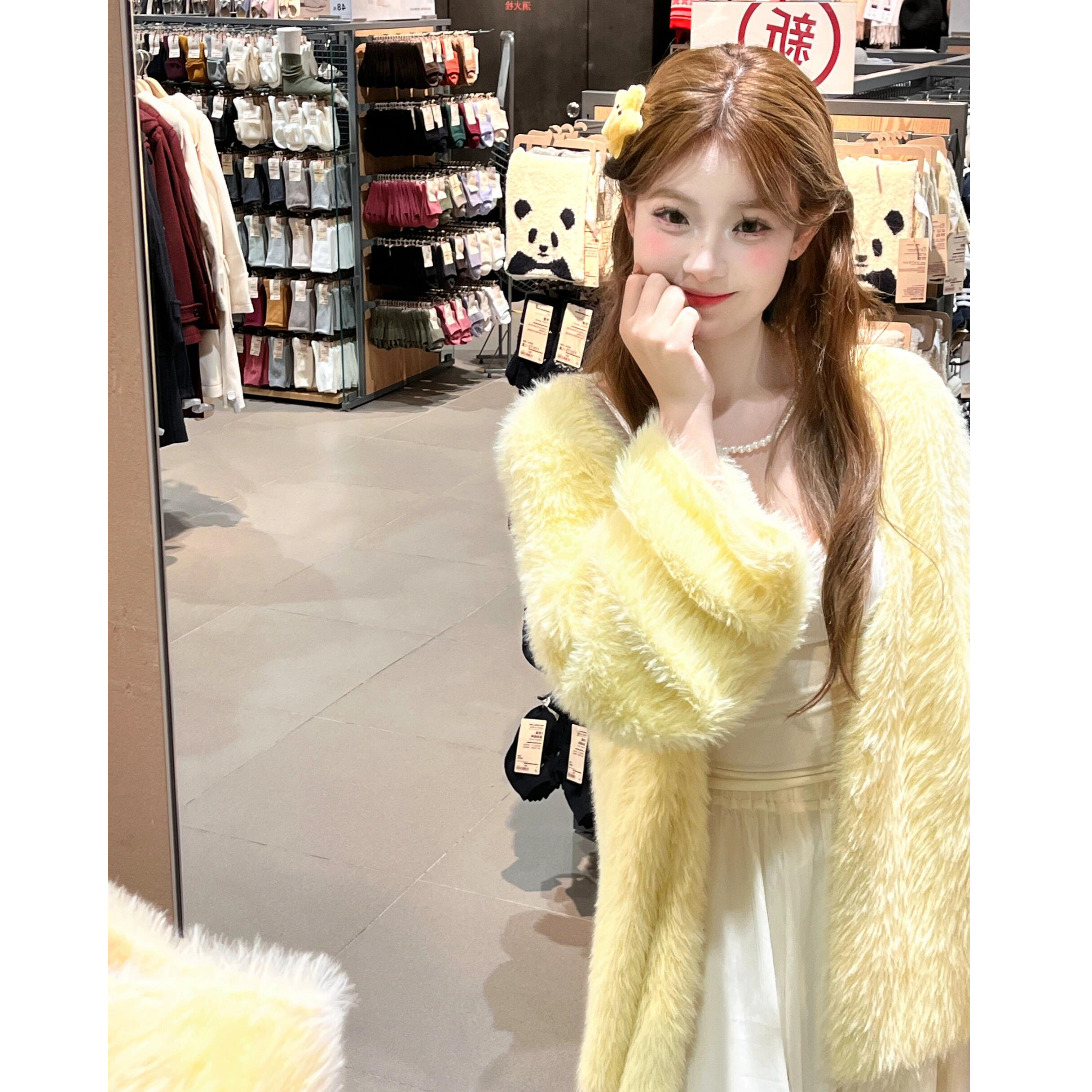 Milk fufu gentle and sweet style high-end long-haired mink knitted cardigan soft waxy yellow lazy v-neck jacket