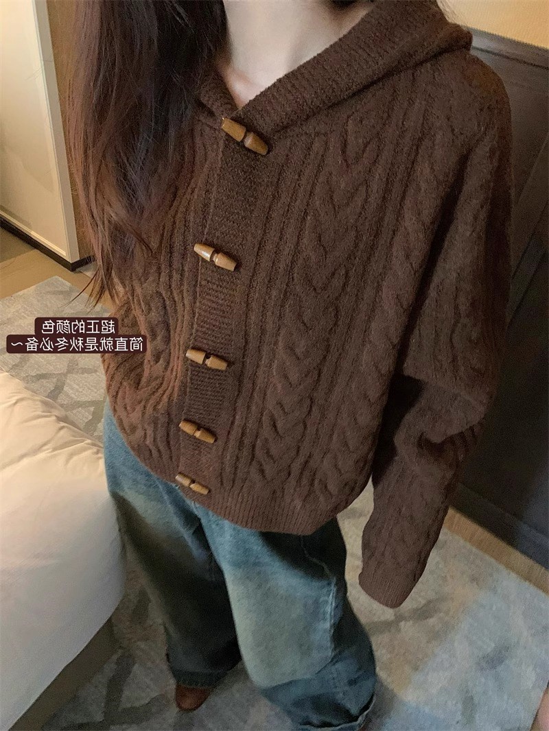 Korean soft milk fufu raccoon velvet horn button hooded sweater jacket for women autumn and winter loose twist knitted cardigan