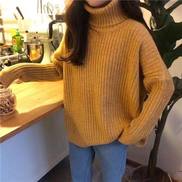 Loose and lazy style Internet celebrity fashionable turtleneck pullover sweater for women in autumn and winter, versatile slimming casual long-sleeved knitted top