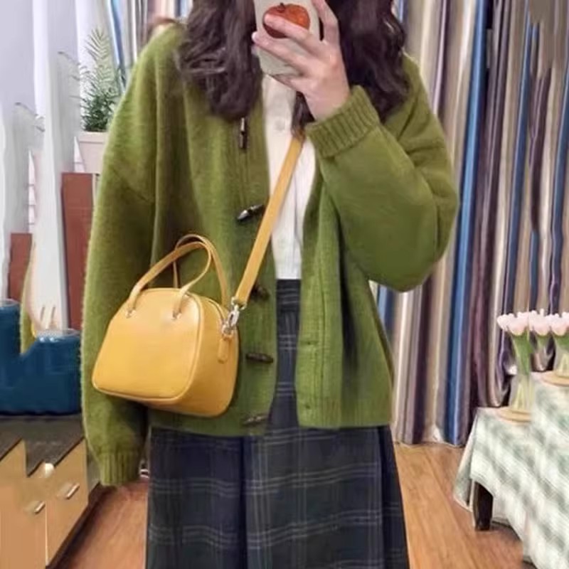 Retro petite moss green retro horn button sweater cardigan coat loose lazy style versatile top for women