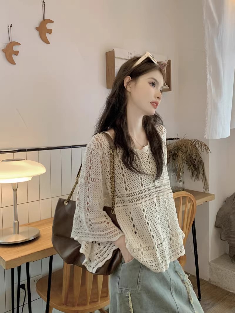 Ice silk knitted sweater for women in summer, bell sleeves, off-shoulder, hollow, loose, long-sleeved top, lazy style, thin sun protection blouse