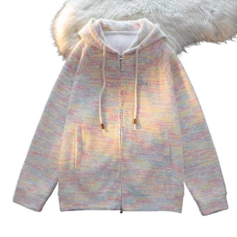 Breast fufu lazy hooded knitted cardigan jacket for women autumn 2024 soft waxy dopamine rainbow pink sweater autumn and winter