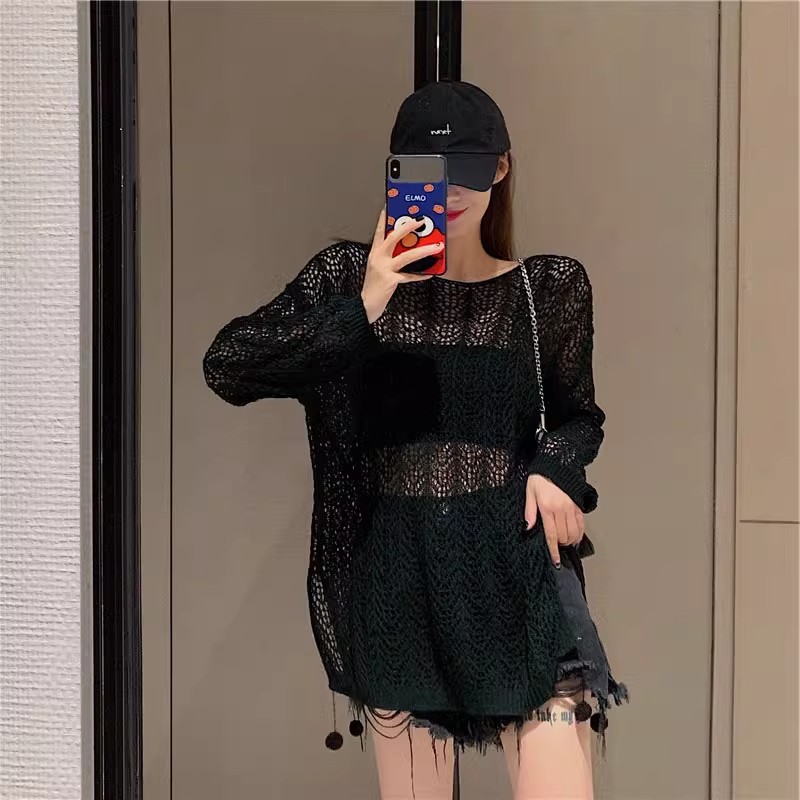 White one-shoulder hollow sweater for women in summer thin long-sleeved outer air-conditioning blouse short sun protection top